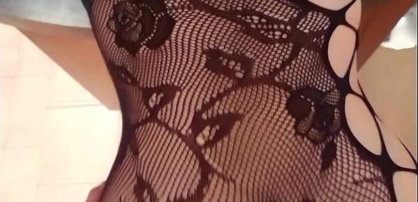  Sexy exhibitionist girl next door in black fishnet body stocking wants cream but gets fucked and oral creampie instead sloppy blowjob POV Indian